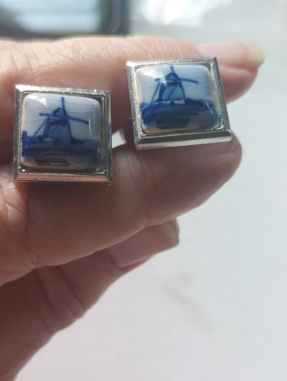 Mid-Century Delft Blue Hand-Painted Silvertone Cufflinks, Estate Jewelry
